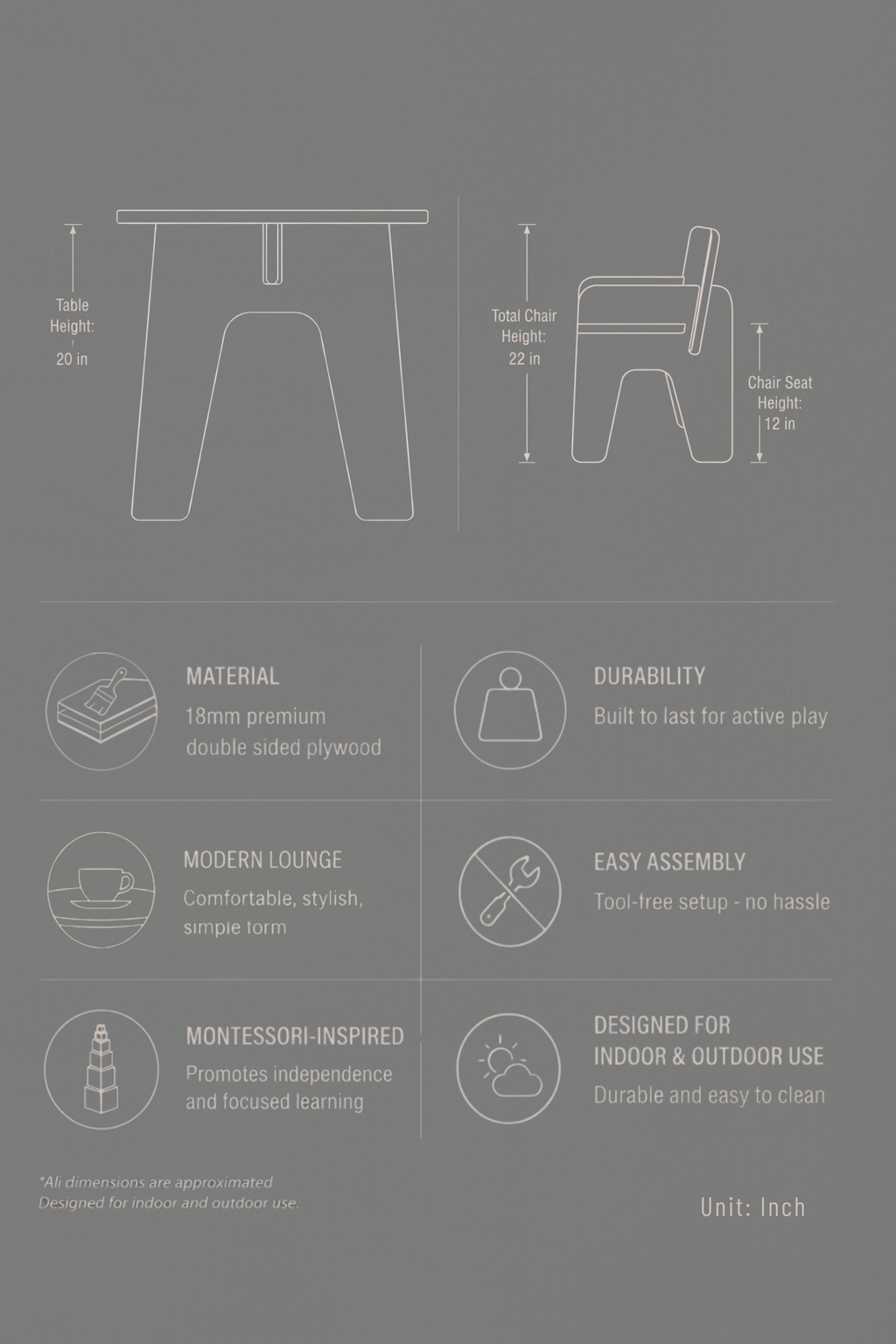 Product specifications and features of a chair and table on a gray background