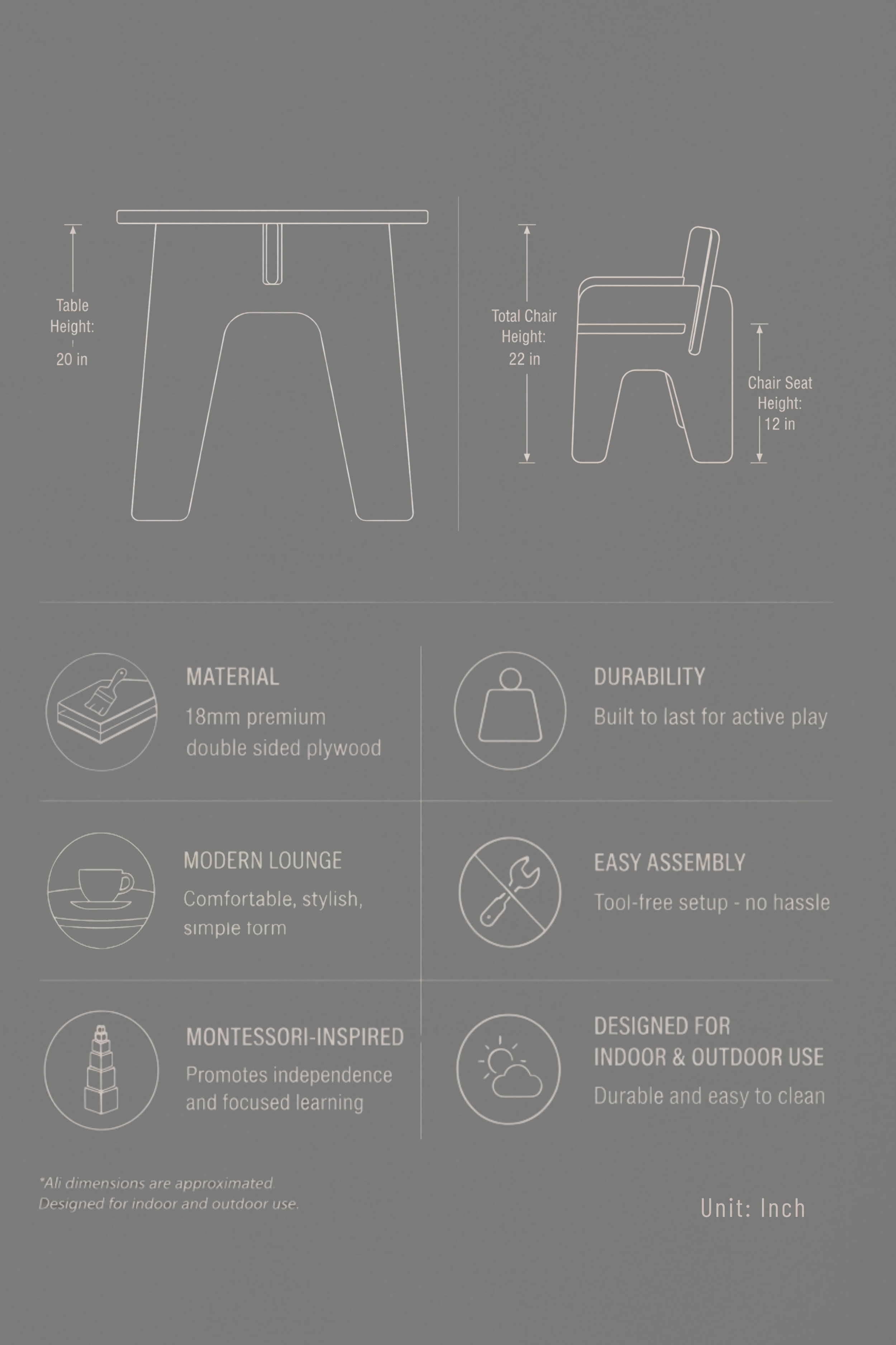 Product specifications and features of a chair and table on a gray background